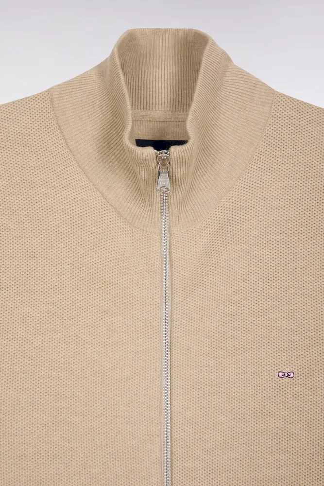 Cardigan Zippé En Laine Et Coton Camel Coupe Droite