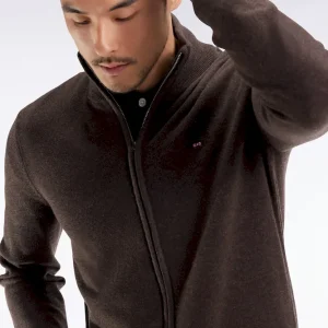 Cardigan zippé en laine et coton marron coupe droite