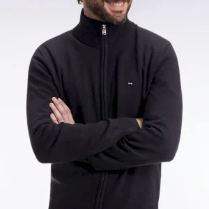 Cardigan zippé en laine et coton noir coupe droite