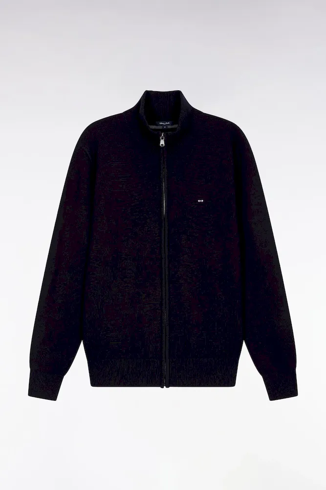 Cardigan Zippé En Laine Et Coton Marine Coupe Droite