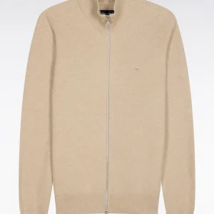 Cardigan zippé en laine et coton camel coupe droite