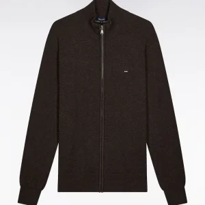 Alternative view of Cardigan zippé en laine et coton marron coupe droite