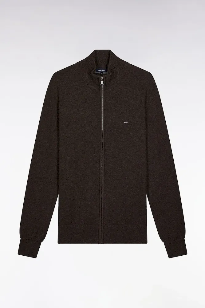 Cardigan Zippé En Laine Et Coton Marron Coupe Droite