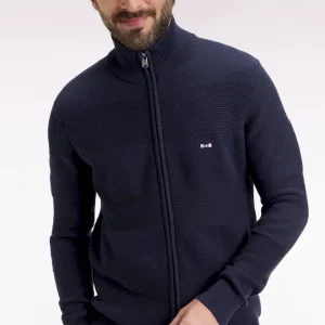 Cardigan zippé en coton nid d'abeille marine coupe droite