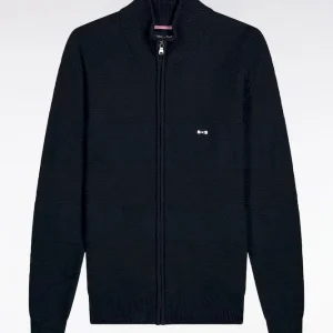 Alternative view of Cardigan zippé en coton nid d'abeille marine coupe droite