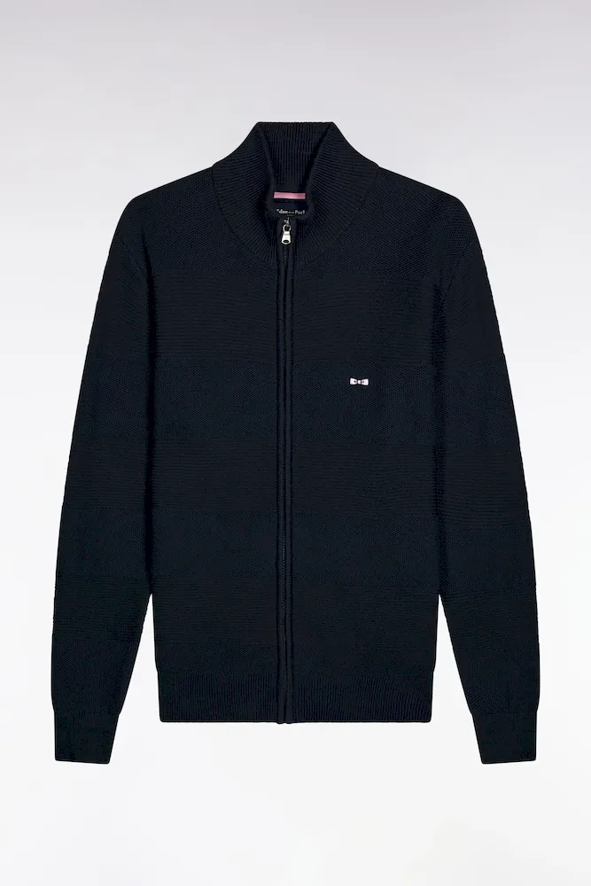 Cardigan Zippé En Coton Nid D'abeille Marine Coupe Droite