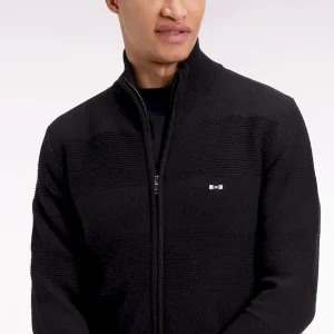 Cardigan zippé en coton nid d'abeille noir coupe droite