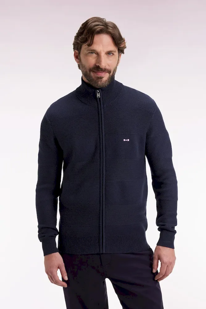 Cardigan zippé en coton nid d'abeille marine coupe droite – Bild 3