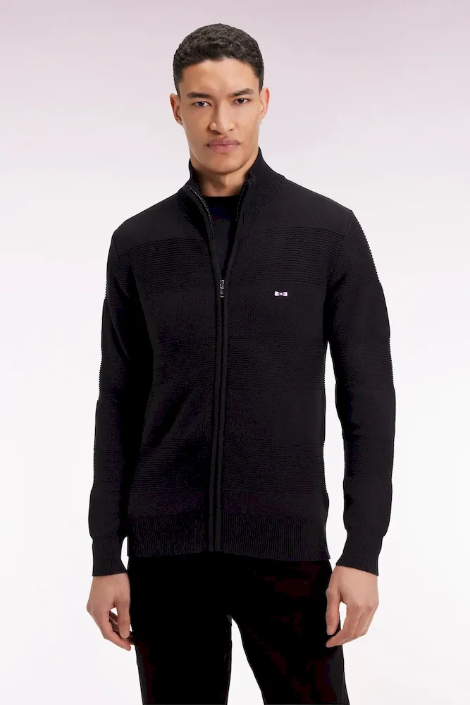 Cardigan zippé en coton nid d'abeille noir coupe droite – Bild 3