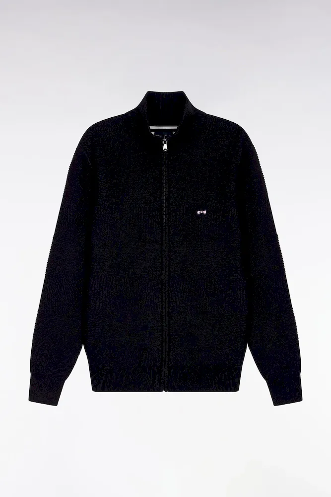 Cardigan Zippé En Coton Nid D'abeille Noir Coupe Droite