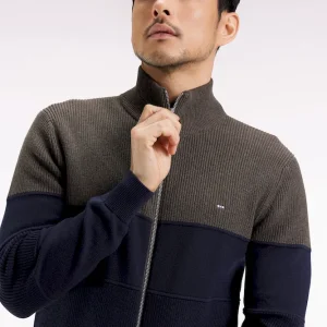 Cardigan zippé en coton bicolore marine et marron coupe droite