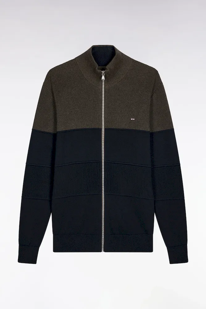 Cardigan Zippé En Coton Bicolore Marine Et Marron Coupe Droite