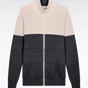 Alternative view of Cardigan zippé en coton bicolore beige et gris coupe droite