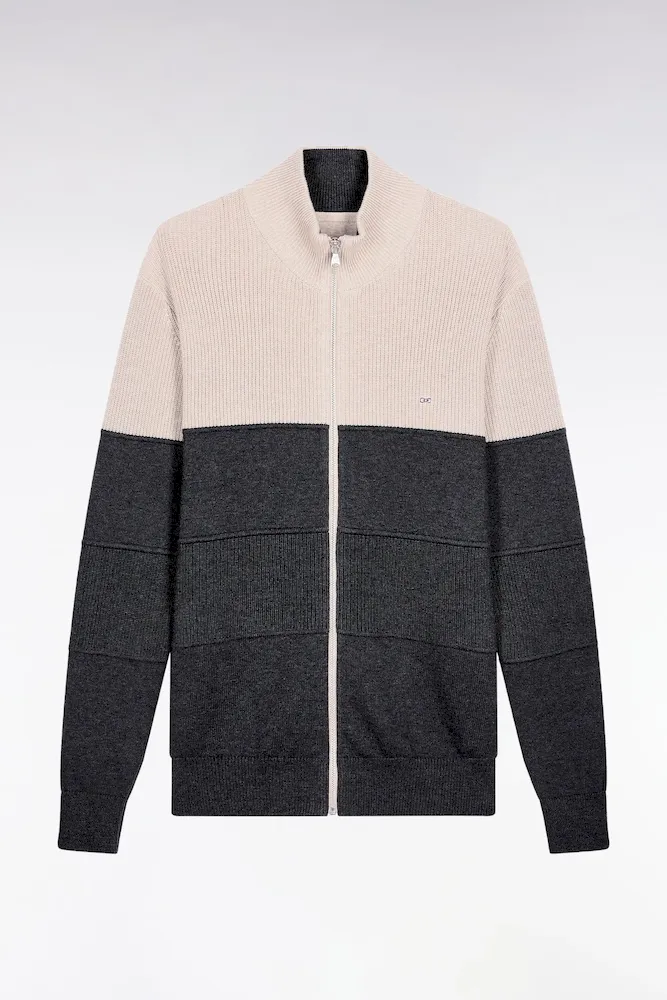 Cardigan Zippé En Coton Bicolore Beige Et Gris Coupe Droite