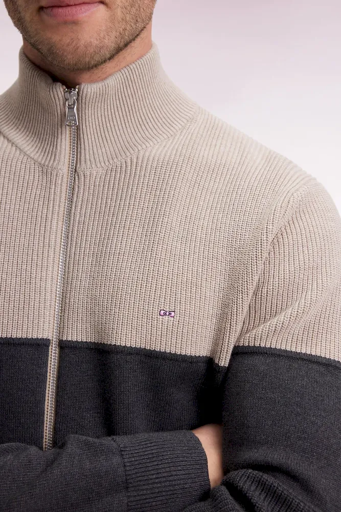 Cardigan zippé en coton bicolore beige et gris coupe droite – Bild 4