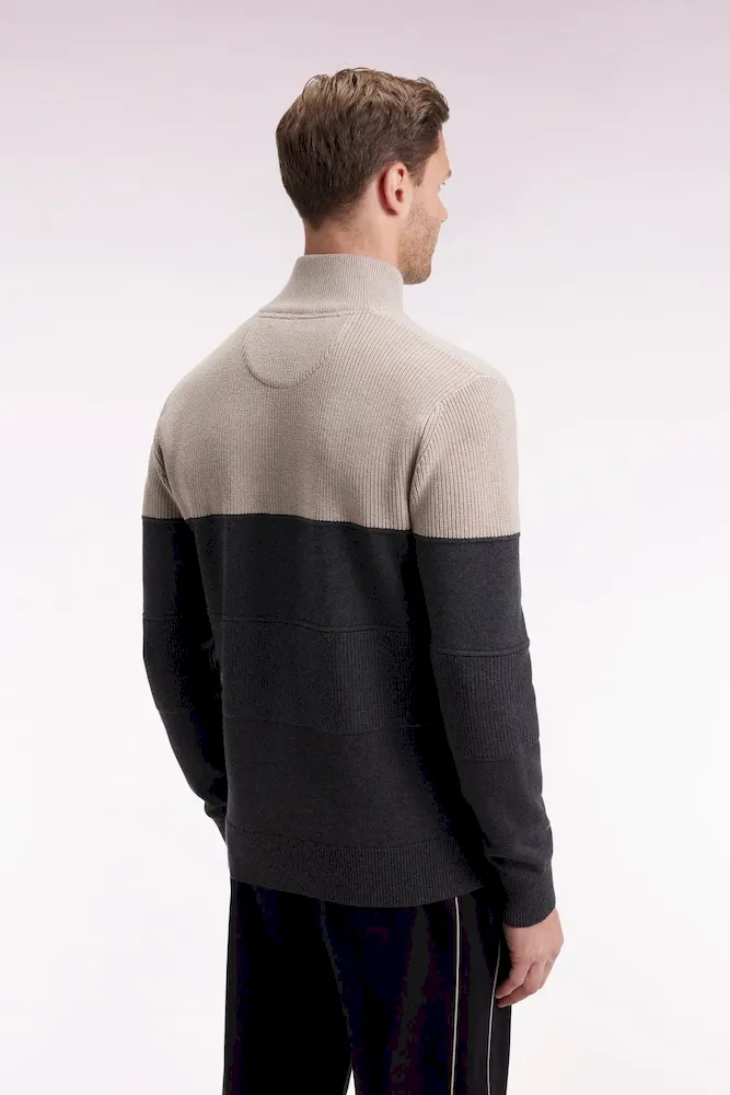 Cardigan zippé en coton bicolore beige et gris coupe droite – Bild 5