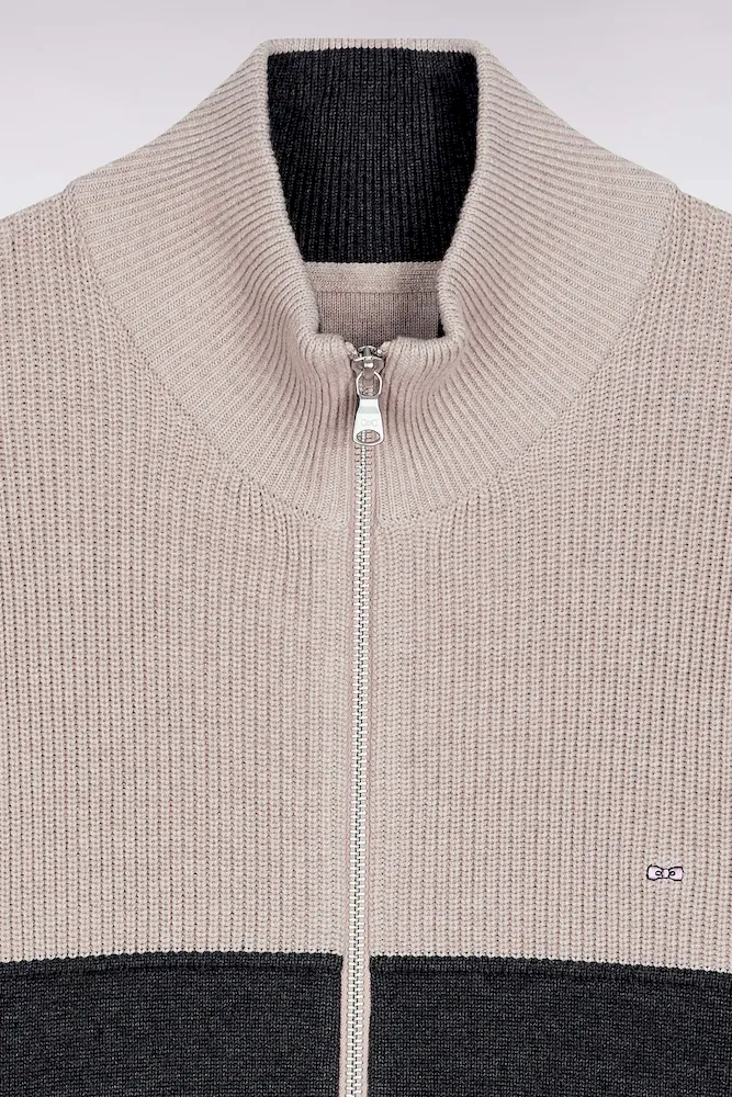 Cardigan zippé en coton bicolore beige et gris coupe droite – Bild 6