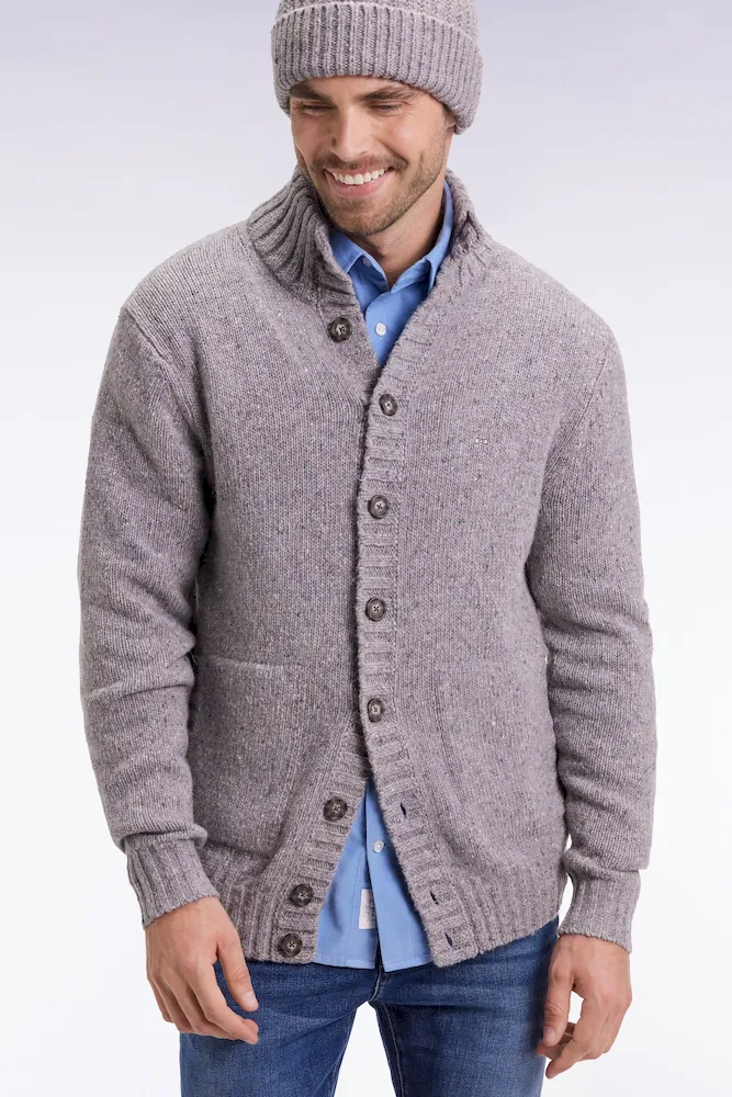 Cardigan en laine vierge et alpaga mélangés gris coupe droite