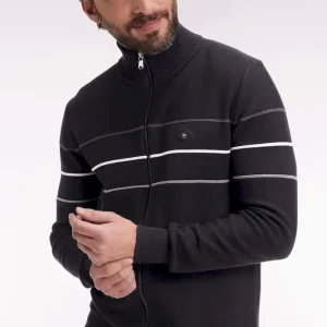 Cardigan zippé en coton noir à liserés colorés coupe droite