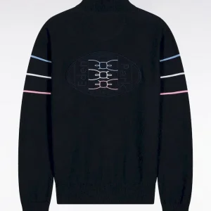 Alternative view of Cardigan zippé en coton marine à liserés colorés coupe droite