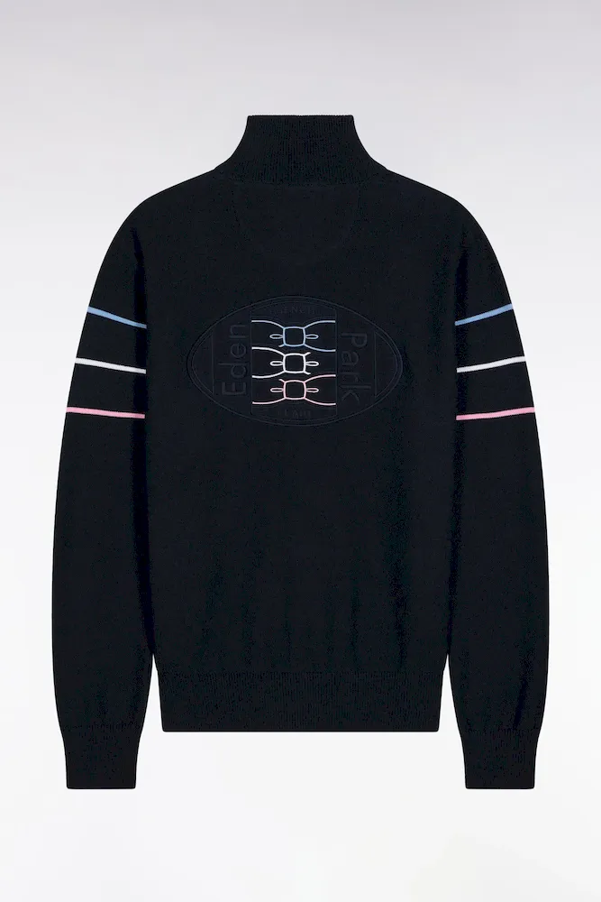 Cardigan Zippé En Coton Marine à Liserés Colorés Coupe Droite