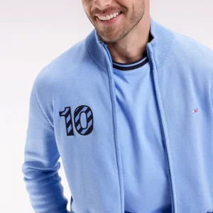 Cardigan zippé en coton marine broderie 10 ciel coupe droite