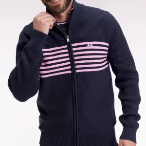 Cardigan zippé en coton marine à rayures roses coupe droite