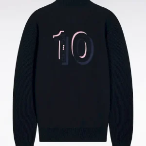 Alternative view of Cardigan zippé en coton marine à rayures roses coupe droite