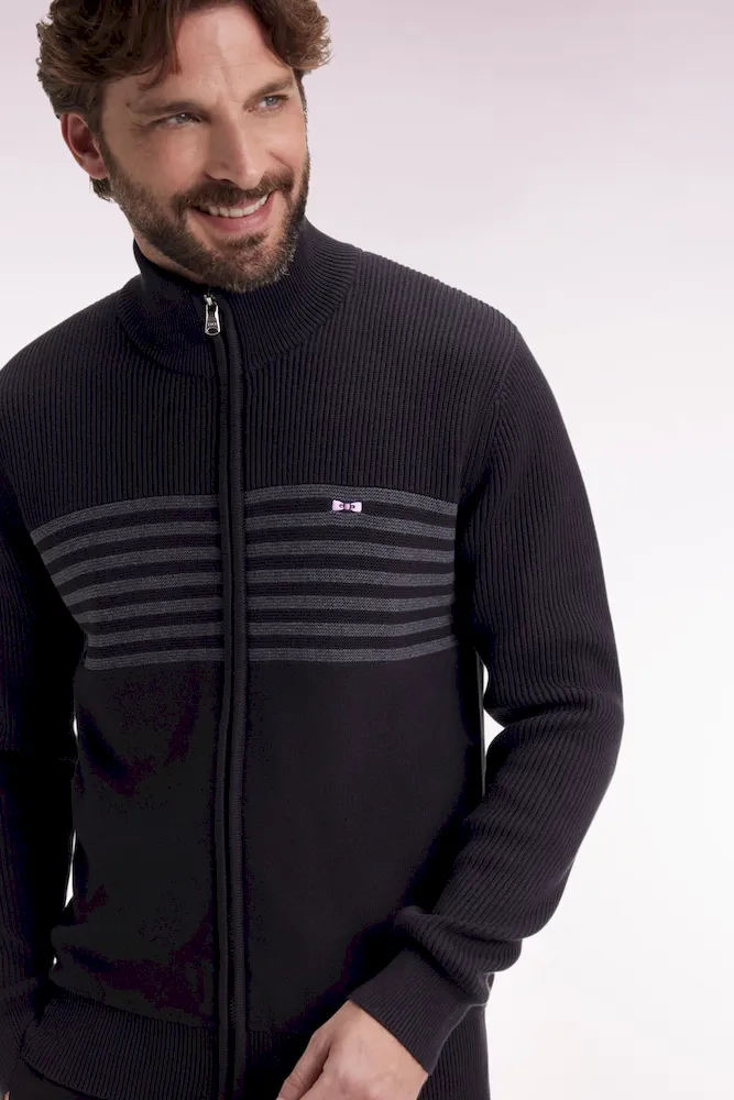Cardigan zippé en coton noir à rayures grises coupe droite