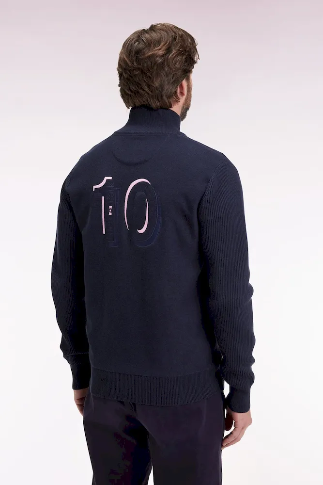 Cardigan zippé en coton marine à rayures roses coupe droite – Bild 5