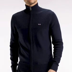 Cardigan zippé en coton marine broderie dos ciel