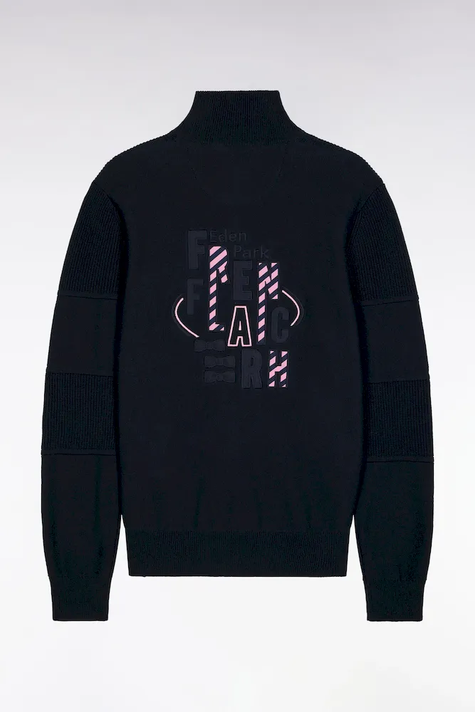 Cardigan Zippé En Coton Marine Broderie Dos Rose