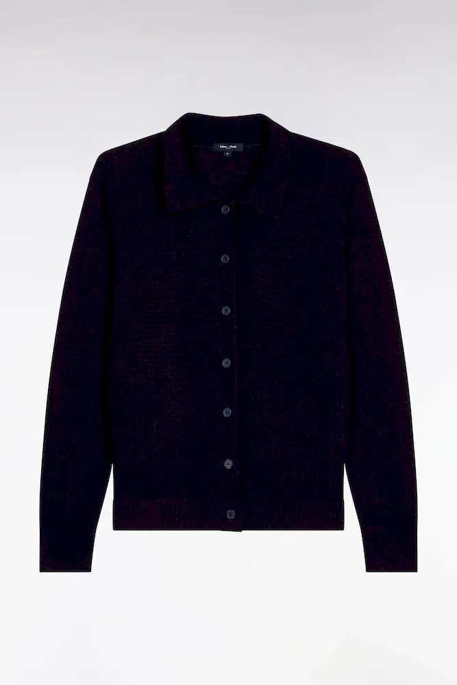 Cardigan à Col Classique En Laine Mérinos Marine Coupe Droite