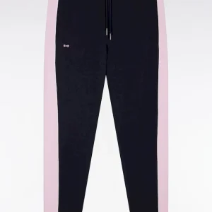 Alternative view of Jogging en molleton gratté marine à bandes roses coupe droite