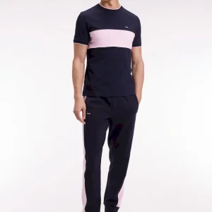 Jogging en molleton gratté marine à bandes roses coupe droite