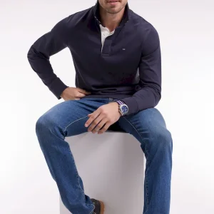 Maillot manches longues en jersey marine dessous de col rayé