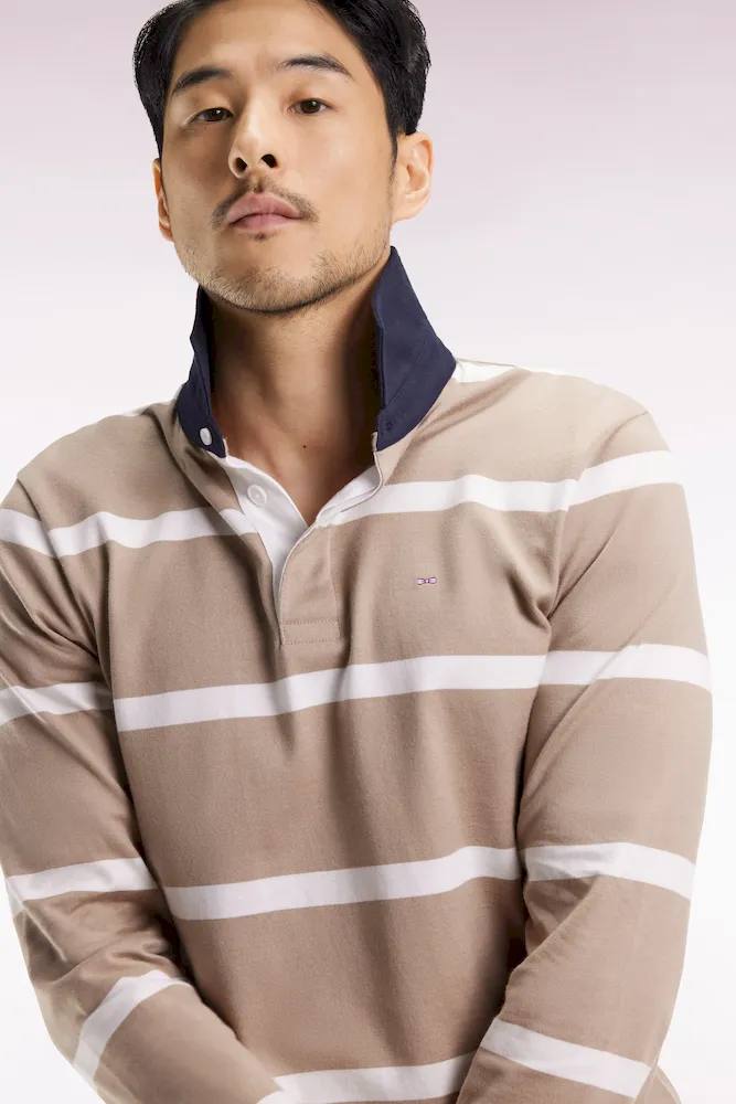 Maillot manches longues en jersey de coton beige à rayures blanches