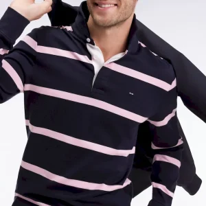Maillot manches longues en jersey de coton marine à rayures roses