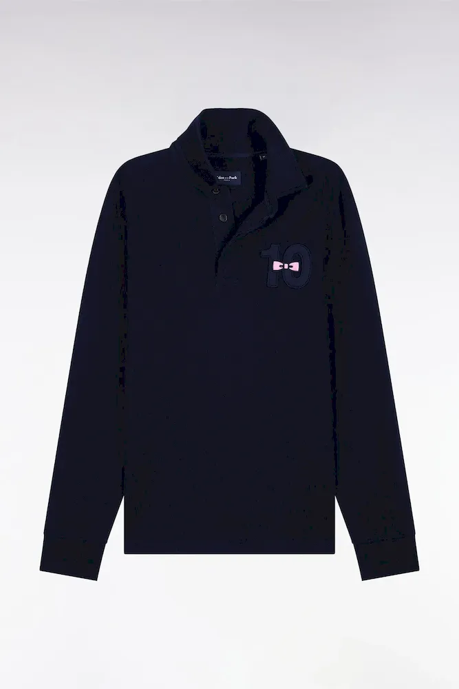 Maillot à Manches Longues En Jersey De Coton épais Marine Brodé Coupe Droite