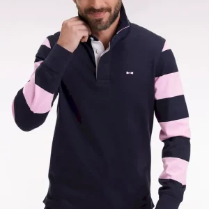 Maillot à manches longues rayées en molleton marine coupe droite