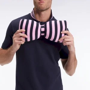 Polo manches courtes en coton Pima marine sous-col rayé coupe droite