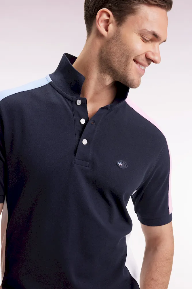 Polo à manches courtes en piqué coton marine découpes tricolores