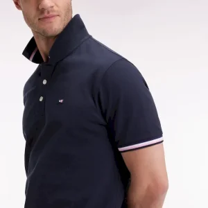 Polo manches courtes en coton marine détails rayés coupe ample
