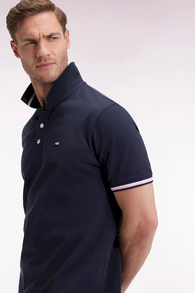 Polo manches courtes en coton marine détails rayés coupe ample
