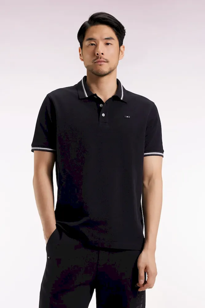 Polo manches courtes en coton noir détails rayés coupe ample – Bild 3