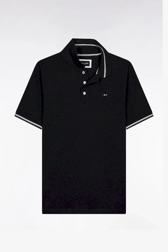 Polo Manches Courtes En Coton Noir Détails Rayés Coupe Ample