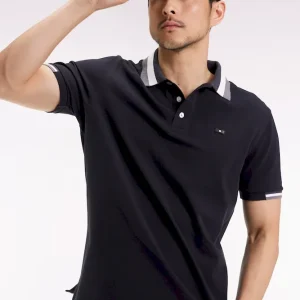 Polo manches courtes en coton noir détails tricolores coupe ample