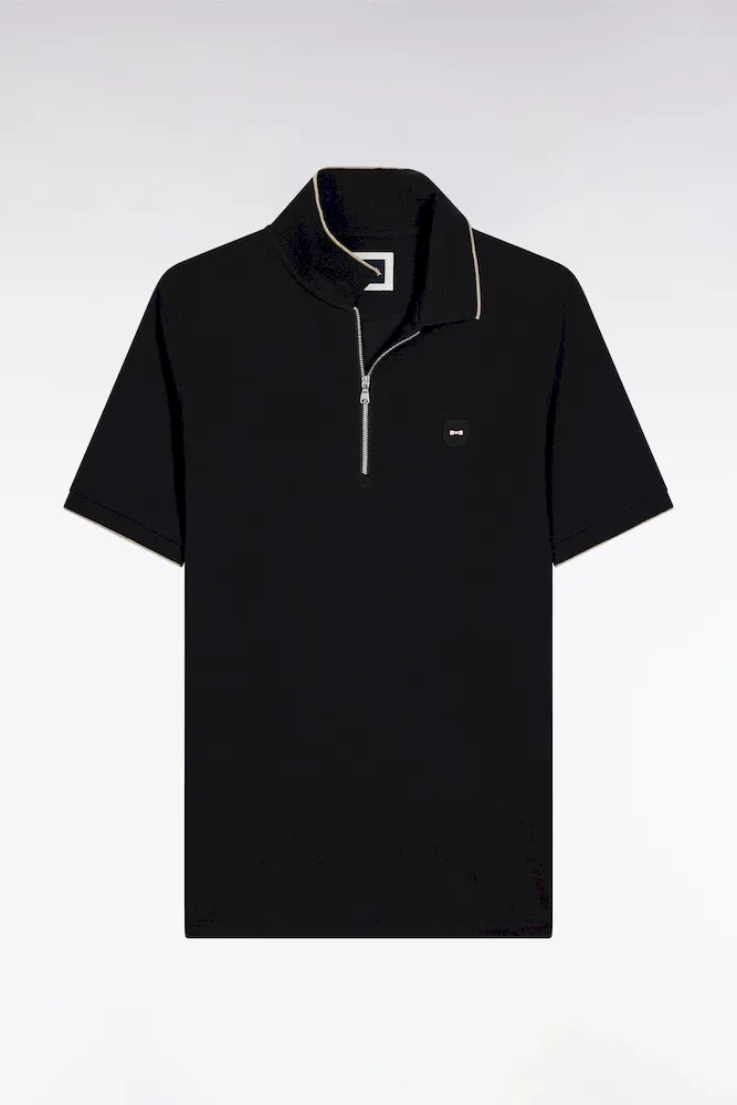 Polo Manches Courtes En Piqué Coton Stretch Noir Zippé Coupe Slim