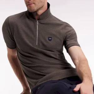 Polo manches courtes en piqué coton stretch marron zippé coupe slim