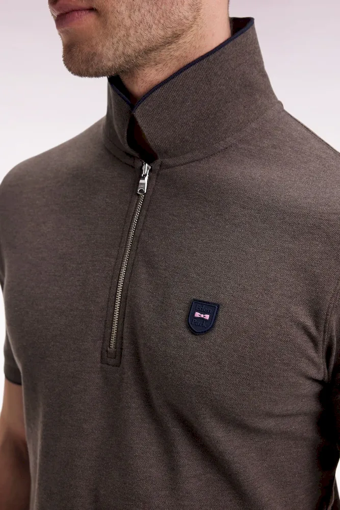Polo manches courtes en piqué coton stretch marron zippé coupe slim – Bild 4